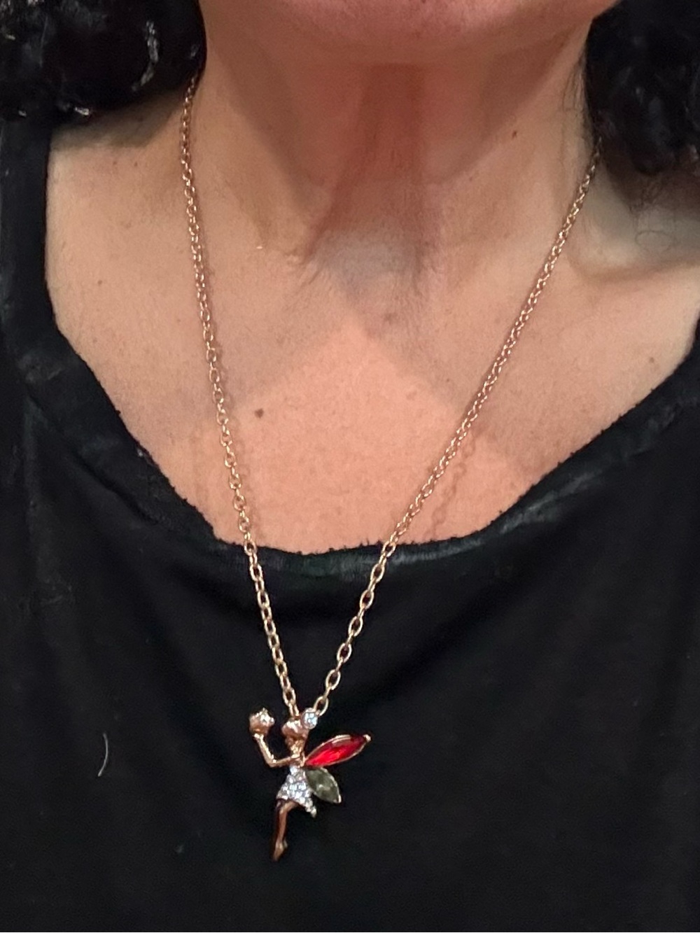 Gold-Tone Fairy Pendant Necklace with Red and Green Accents